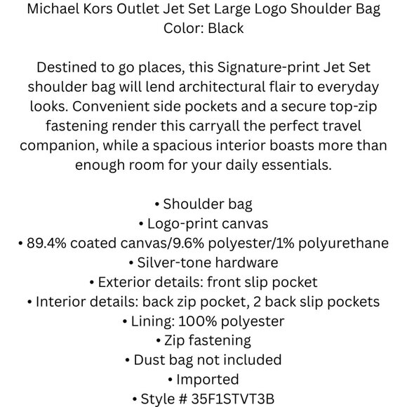 Michael Kors Outlet Jet Set Large Logo Shoulder Bag Color: Black :) - Picture 16 of 17